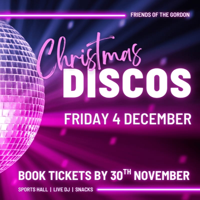 A large, pink disco ball dominates the foreground, while the background features neon pink text announcing "Christmas DISCOS" and event details.