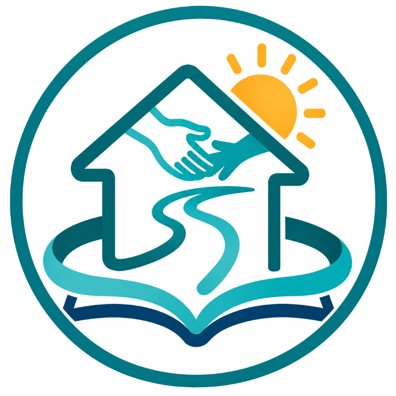 Two shaking hands and a winding path are framed within a house outline, set against a white background with a yellow sun and an open book at the base, all enclosed in a teal circle.