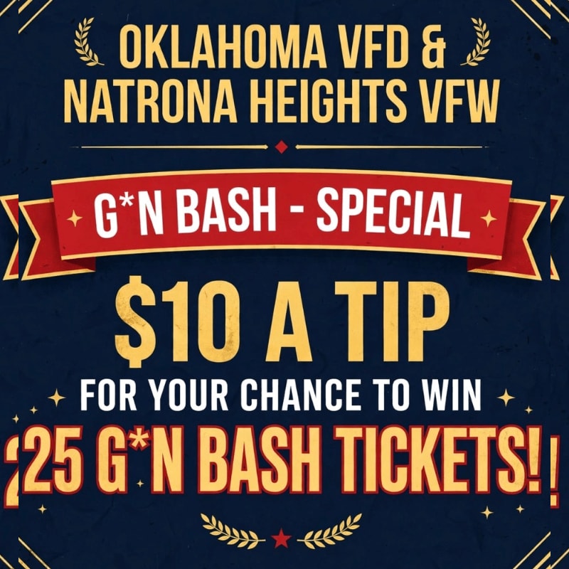 Yellow and white text advertising a "G*N Bash" ticket giveaway is set against a dark blue background with red ribbon accents.