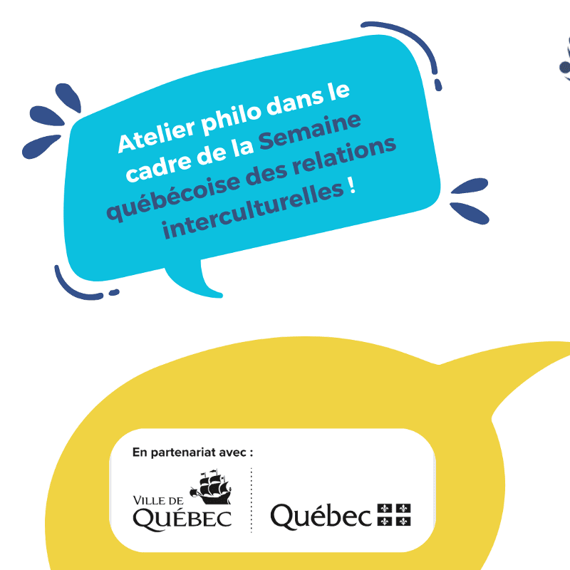 A blue speech bubble with French text and a yellow speech bubble containing logos are set against a plain white background.