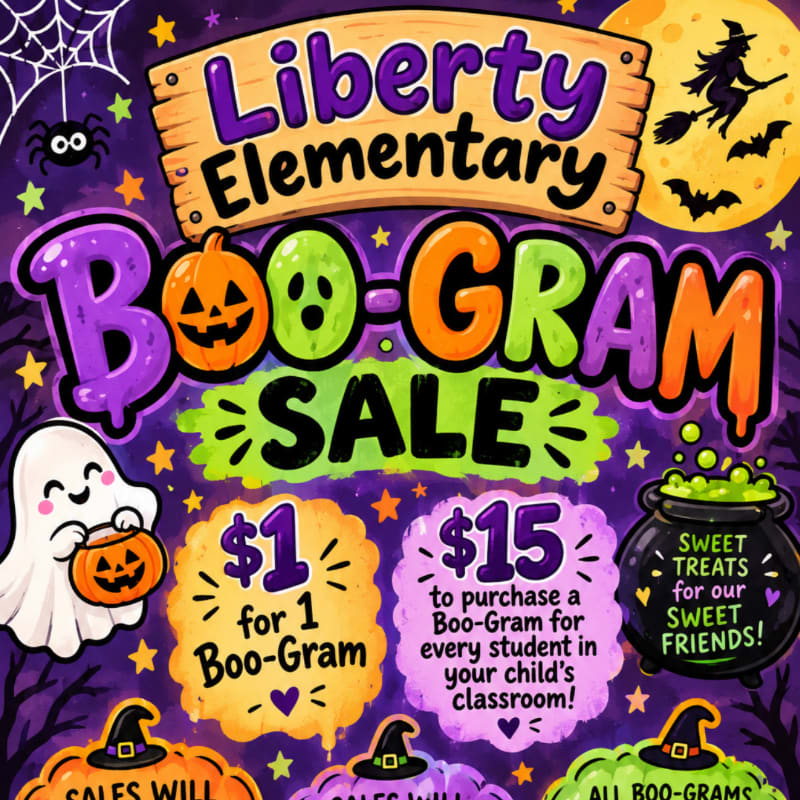 A colorful Halloween-themed flyer for a "Boo-Gram Sale" at Liberty Elementary features a friendly ghost and a bubbling cauldron in the foreground against a dark purple background with a moon, a witch, and spiderwebs.