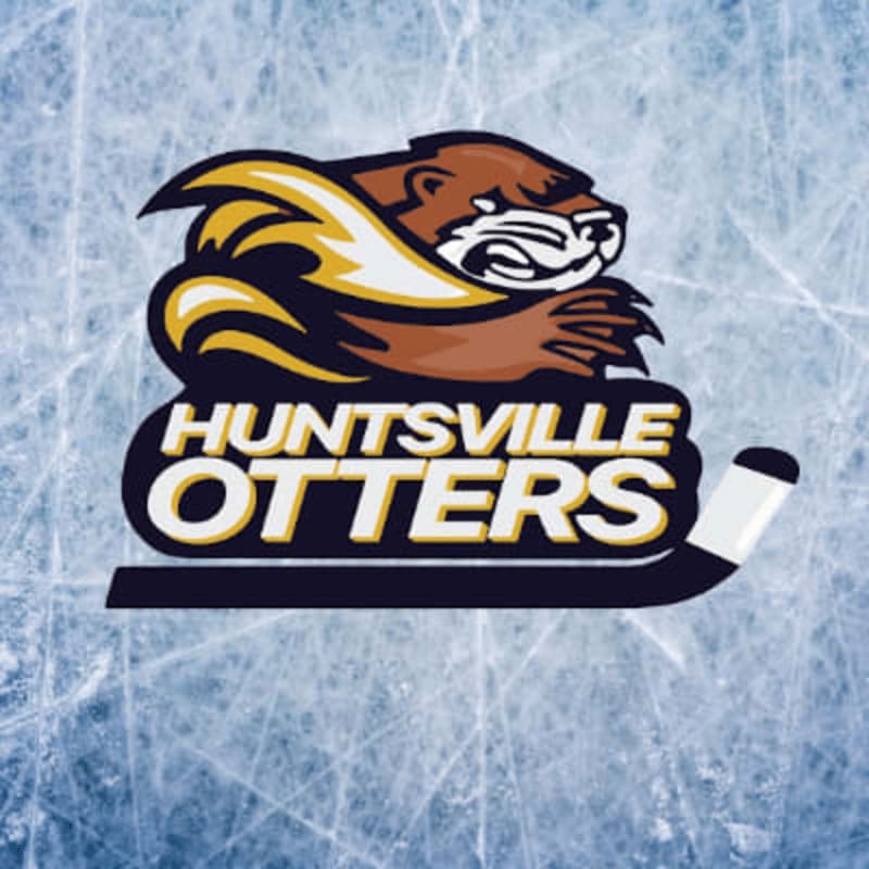 A cartoon otter mascot with the words "HUNTSVILLE OTTERS" is superimposed on a hockey stick, all set against a textured ice rink background.