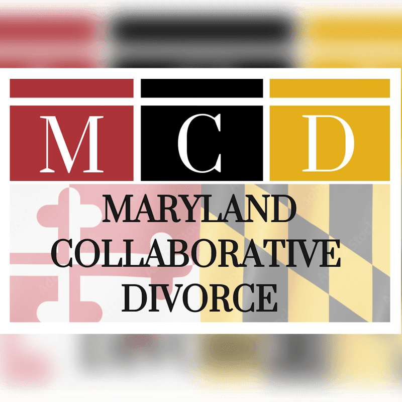 The foreground displays the words "MARYLAND COLLABORATIVE DIVORCE" in large text over a blurred background of the Maryland flag and colored blocks with the letters M, C, and D.