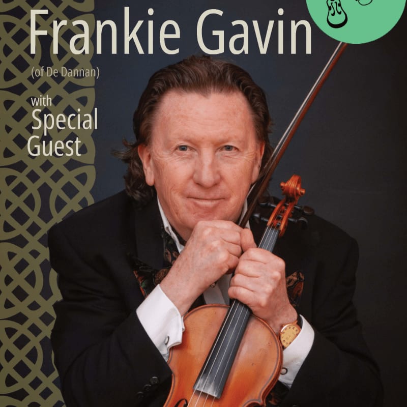 A man in a black suit holds a violin in the foreground against a dark background featuring text and a Celtic knot pattern.