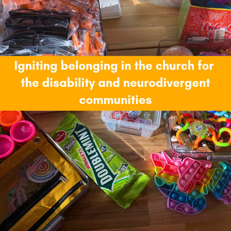 A yellow banner with white text is centered between a top section of sensory items and a bottom section featuring a green pack of gum and colorful fidget toys on a wooden surface.