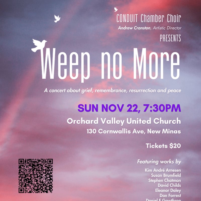 White text announcing a "Weep no More" concert and a QR code are layered over a soft, purple and pink cloudy sky with small white birds.