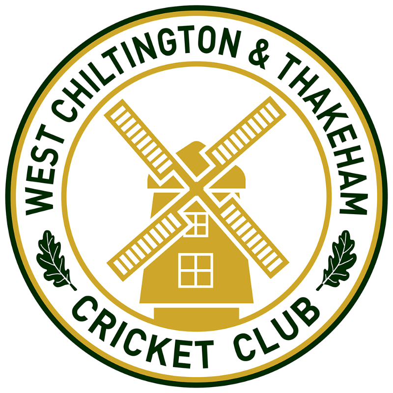 A gold windmill is centered in the foreground of a circular white logo bordered by green rings and the text "WEST CHILTINGTON & THAKEHAM CRICKET CLUB."