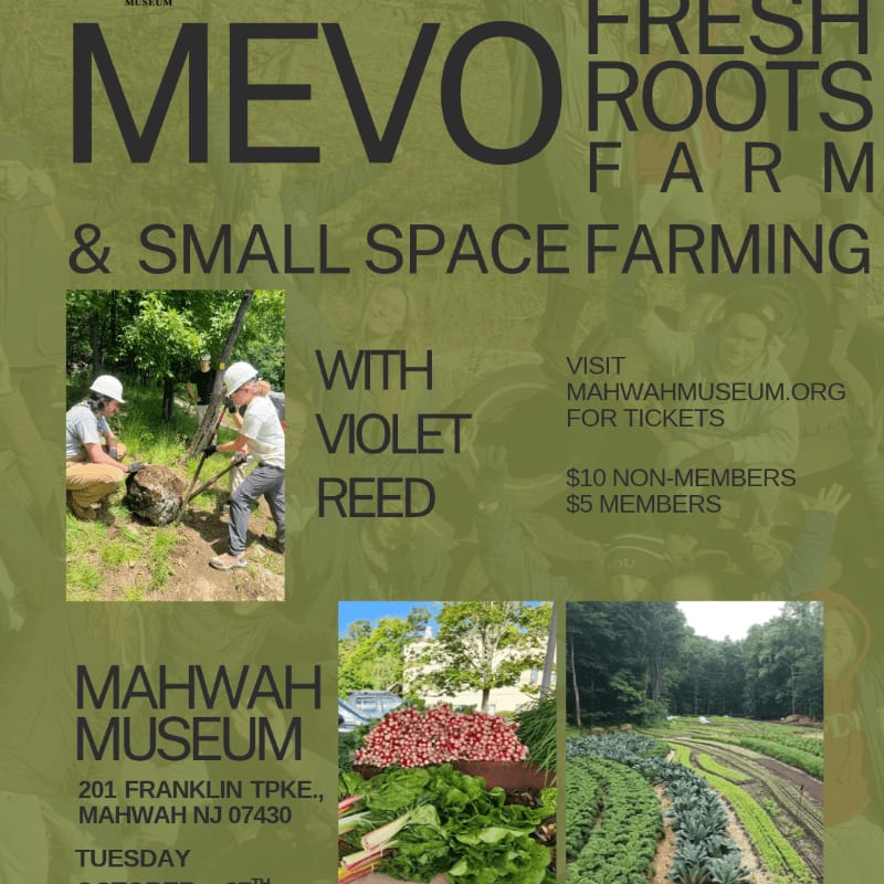 A promotional flyer for "MEVO Fresh Roots Farm & Small Space Farming" features text and photos of gardening activities over a faded green background of people.
