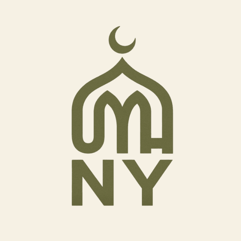 An olive green logo featuring a mosque dome and crescent moon above the letters "NY" set against a plain cream background.