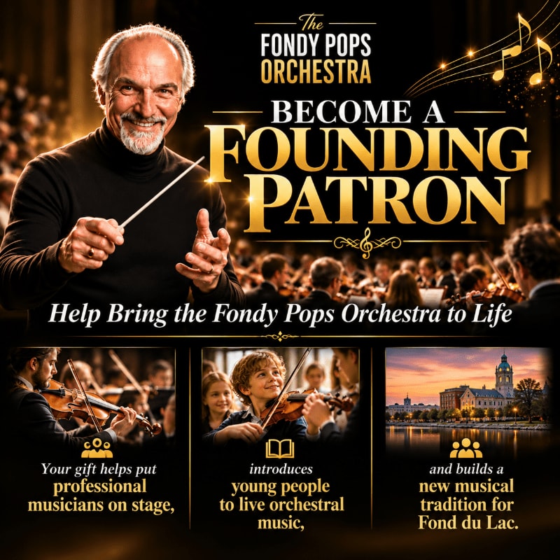 A smiling conductor with a baton stands in the foreground against a background of an orchestra and promotional text for the Fondy Pops Orchestra.