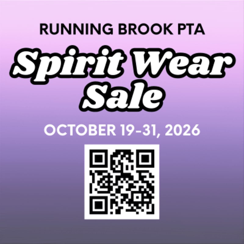 Text announcing a "Running Brook PTA Spirit Wear Sale" from October 19-31, 2026, and a QR code are centered over a purple gradient background.