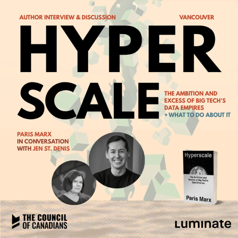 Bold black text reading "HYPER SCALE" and portraits of two speakers dominate the foreground against a light beige background featuring abstract geometric shapes and event details.