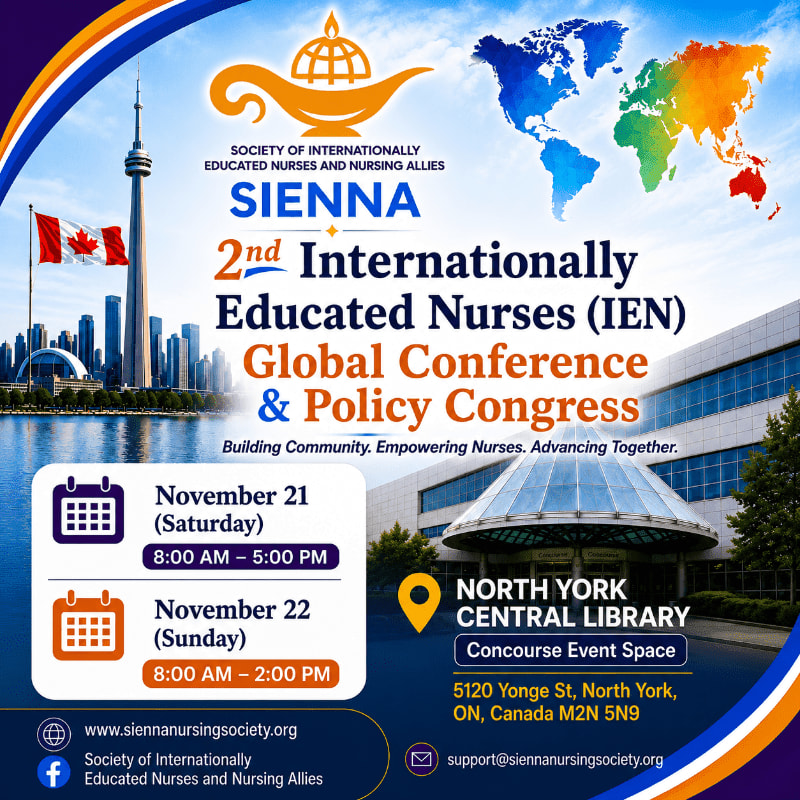 A colorful world map and a Canadian flag waving in front of a city skyline form the background, while the foreground displays conference details including dates, times, and location.