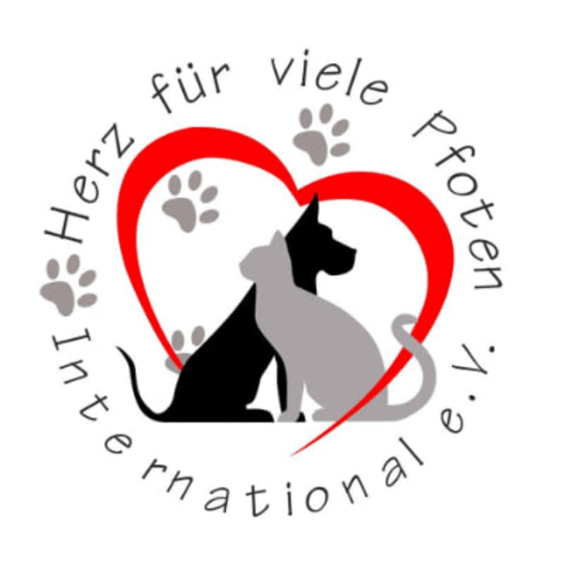 A black dog and a gray cat sit in front of a red heart with paw prints, surrounded by text in a circle.
