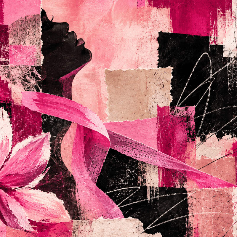 A silhouette of a woman's profile and a pink ribbon are layered over a textured, abstract background of pink, black, and beige geometric shapes.