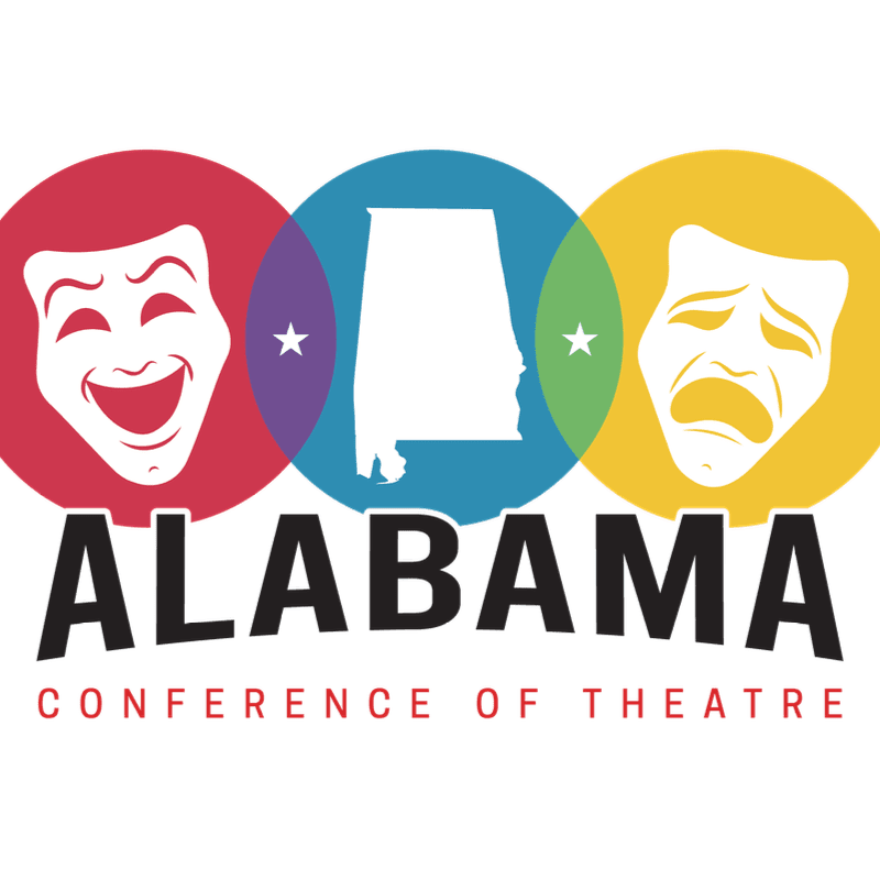 The text "ALABAMA CONFERENCE OF THEATRE" sits in the foreground below three overlapping colorful circles containing comedy and tragedy masks and a white silhouette of Alabama against a white background.