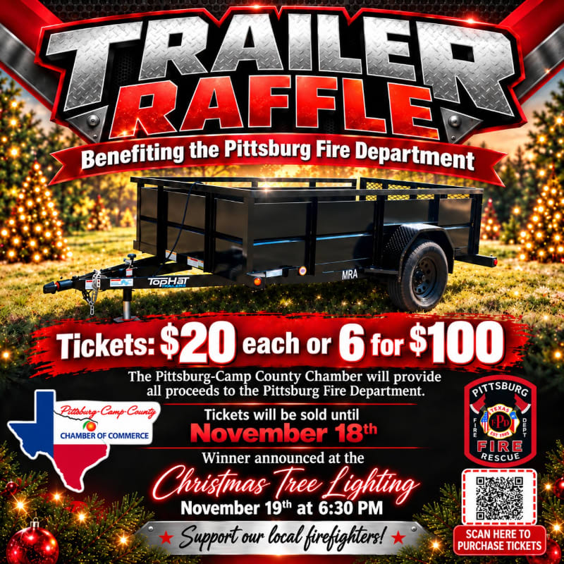 A black utility trailer sits in a grassy field with glowing Christmas trees in the background, all framed by promotional text for a raffle benefiting the Pittsburg Fire Department.