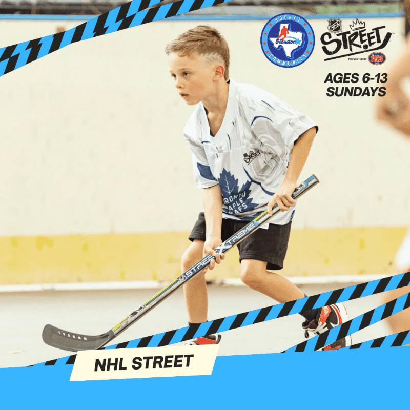 A young boy in a hockey jersey skates with a stick in the foreground, while a blurred background suggests an outdoor rink with event signage.