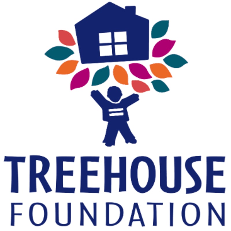 A blue silhouette of a child with raised arms stands beneath a blue house surrounded by colorful leaves, all set against a plain white background with the text "TREEHOUSE FOUNDATION" below.