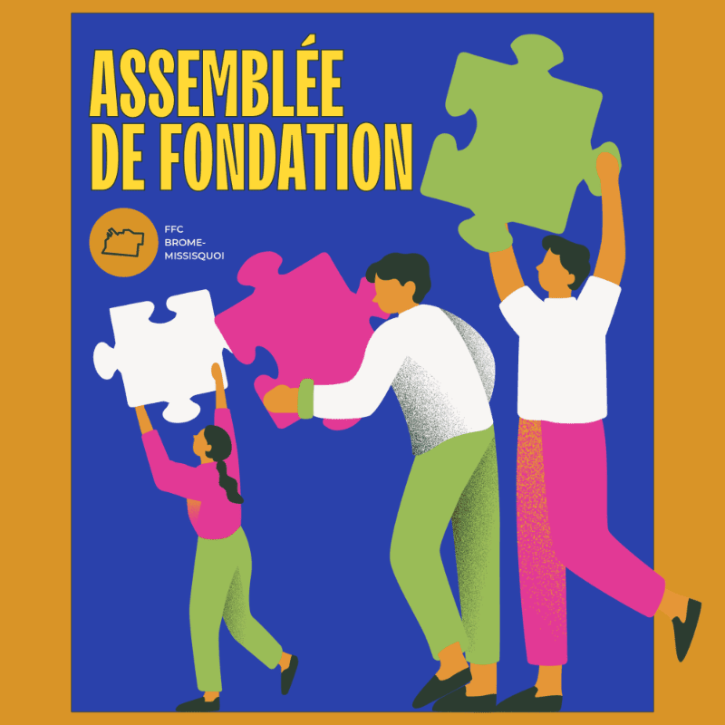 Three people assemble large, colorful puzzle pieces in the foreground against a blue and yellow background featuring the text "ASSEMBLÉE DE FONDATION."