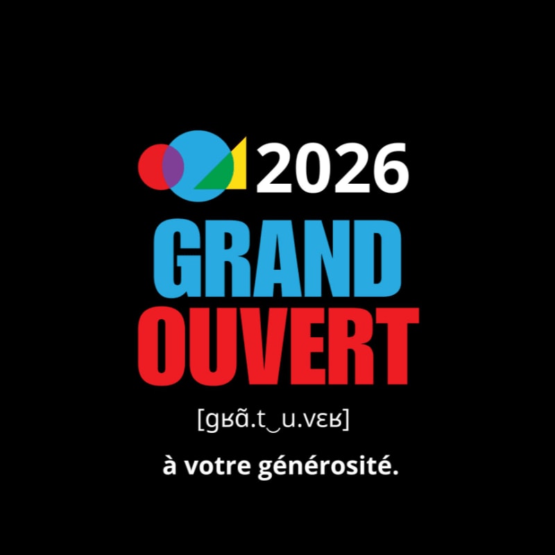 Colorful text and a geometric logo reading "2026 GRAND OUVERT" are centered against a solid black background.