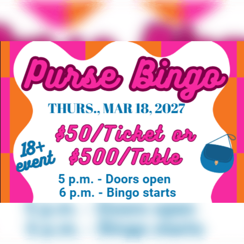 Pink and blue text advertising a "Purse Bingo" event is centered on a white wavy background, surrounded by a pink and orange checkered border.