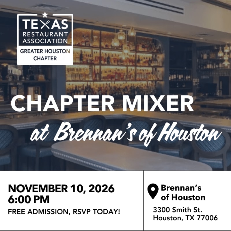 A promotional flyer for a Chapter Mixer features a blurred restaurant interior with a bar and seating in the background and event details in the foreground.