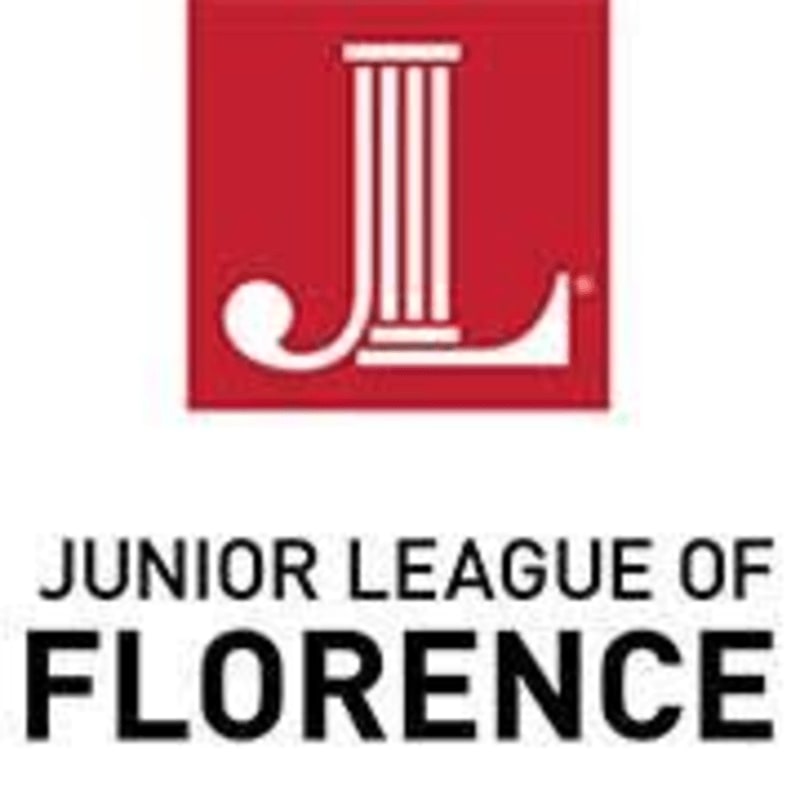 A white stylized "JL" logo inside a red square sits above the black text "JUNIOR LEAGUE OF FLORENCE" against a plain white background.