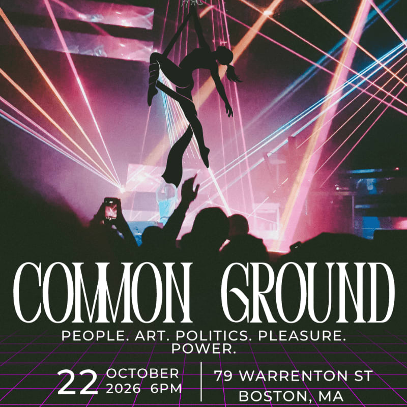 A silhouette of an aerial performer hangs amidst colorful laser beams above a crowd of people, with event text overlaying the bottom half of the scene.