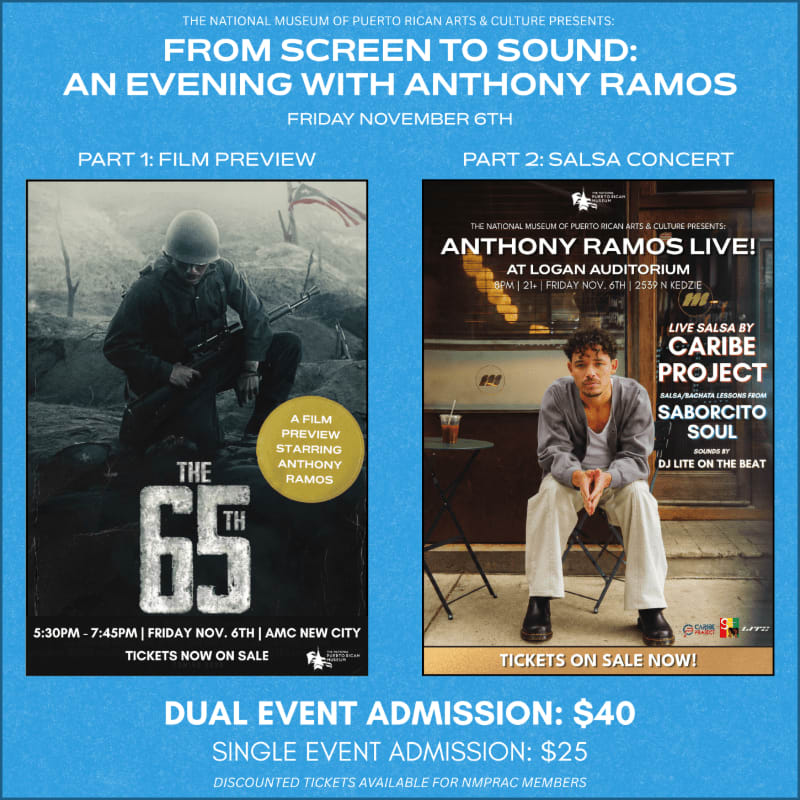A blue promotional flyer features a film preview for "65" and a salsa concert advertisement with Anthony Ramos, set against a solid blue background.