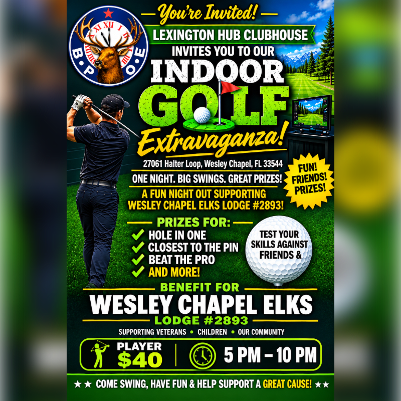 A promotional flyer for an indoor golf event features a golfer in the foreground against a background of a virtual golf simulator and event details.
