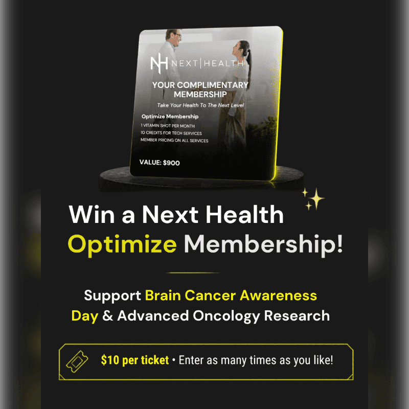 A promotional graphic for a Next Health membership giveaway features a membership card on a pedestal in the foreground against a dark, minimalist background.