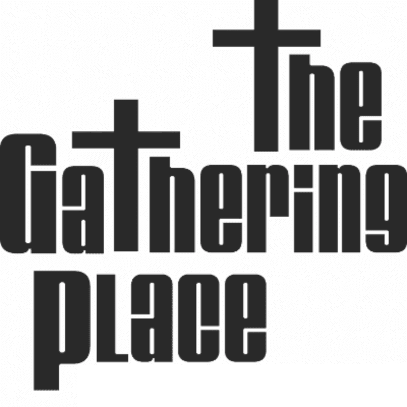 Black text reading "The Gathering Place" with two integrated crosses is set against a plain white background.