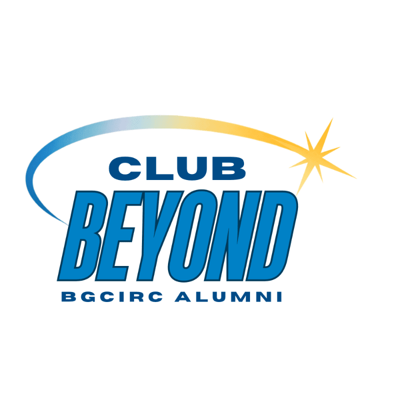 A blue and yellow "CLUB BEYOND BGCIRC ALUMNI" logo with a shooting star arc is centered on a plain white background.