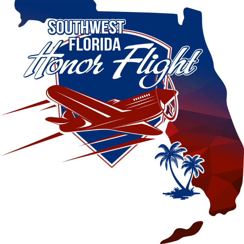 A red airplane and palm trees are positioned in the foreground against a background featuring the outline of Florida and the text "Southwest Florida Honor Flight."