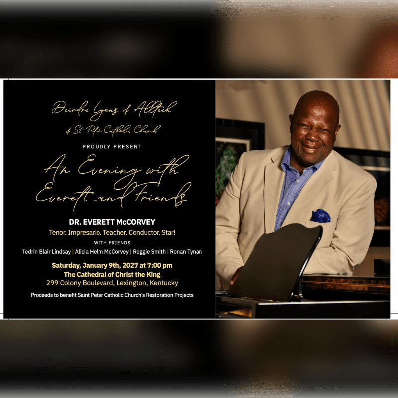 An event flyer featuring a smiling man in a light-colored blazer on the right and event details on a black background on the left.