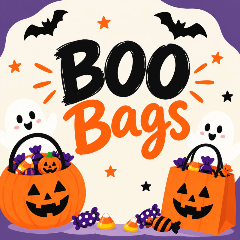Two pumpkin-shaped candy containers and ghosts sit in the foreground beneath the words "BOO Bags," set against a light background with bats and stars.