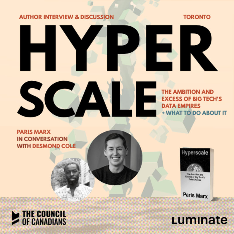 Bold black text reading "HYPER SCALE" and portraits of two men sit in the foreground against a light beige background featuring abstract geometric shapes and event details.