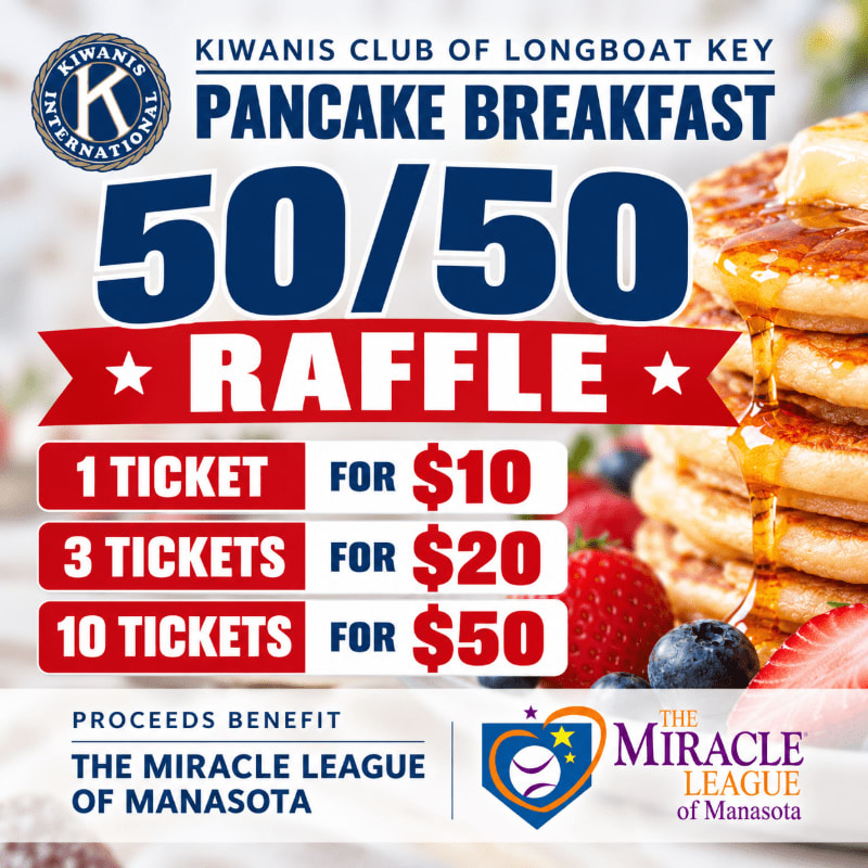 A promotional flyer for a 50/50 raffle at a pancake breakfast is overlaid on a background of a stack of pancakes with syrup and fresh berries.
