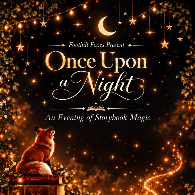 A red fox sits atop a stack of books in the foreground, set against a magical night sky background featuring a crescent moon, twinkling stars, and golden text.