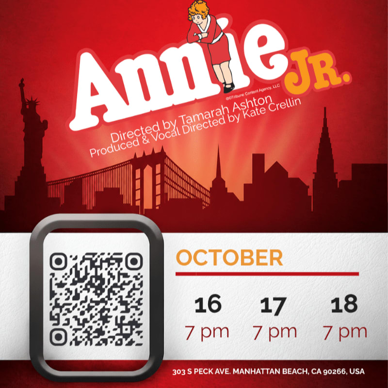A promotional poster for "Annie JR." features a QR code and performance dates in the foreground against a red background with a New York City skyline silhouette.