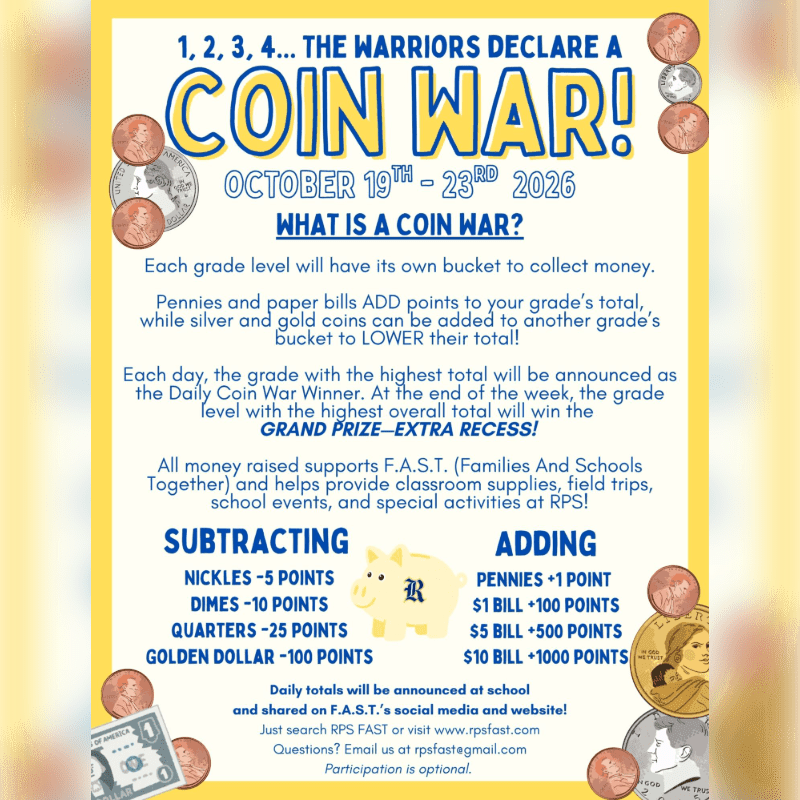A yellow informational flyer about a "Coin War" fundraiser is surrounded by scattered coins and a dollar bill against a blurred white background.