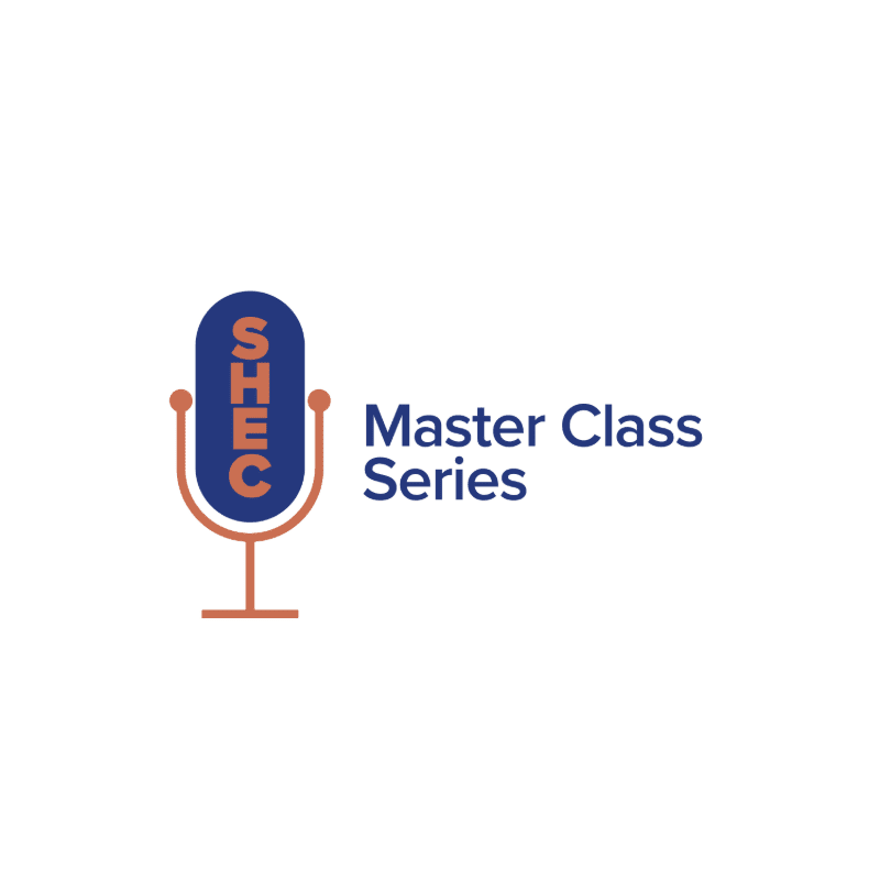 A blue microphone with the letters "SHEC" on it stands in the foreground against a burnt orange background with the words "Master Class Series" to its right.