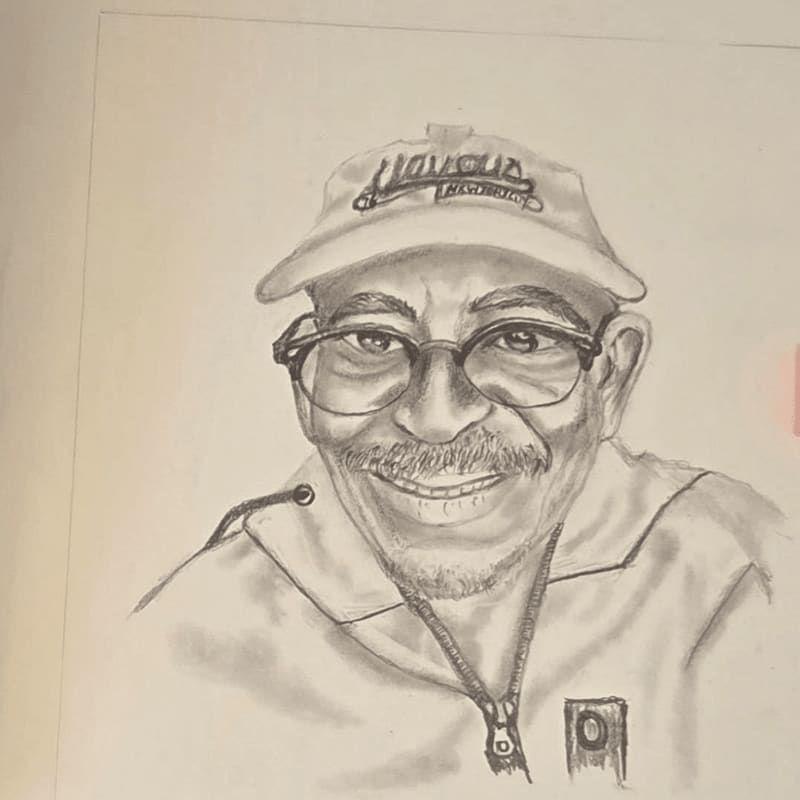 A pencil sketch of a smiling man wearing glasses and a baseball cap is set against a plain, light-colored background.