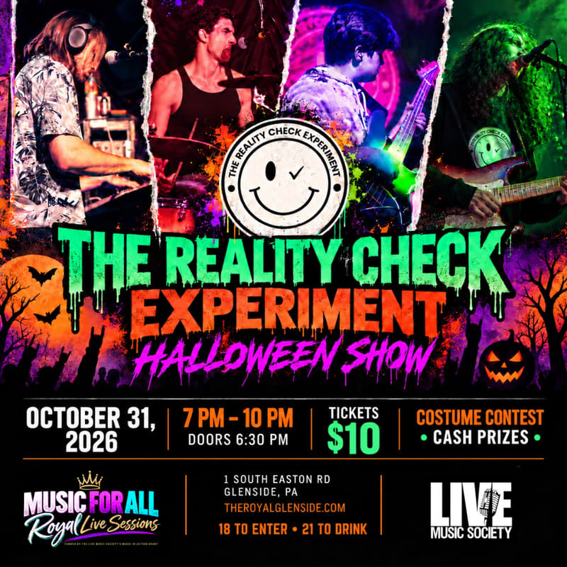 A colorful Halloween concert poster features a band in the foreground against a spooky backdrop of a jack-o'-lantern, bats, and a full moon.