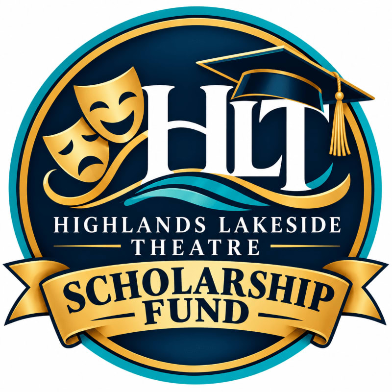 A gold and white logo featuring theater masks, a graduation cap, and the text "Highlands Lakeside Theatre Scholarship Fund" set against a dark blue circular background with a teal border.