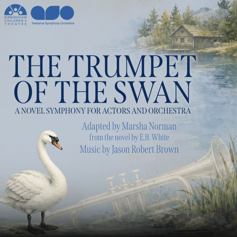 A white swan and a trumpet sit in the foreground against a background featuring a lakeside cabin and a soft blue sky.