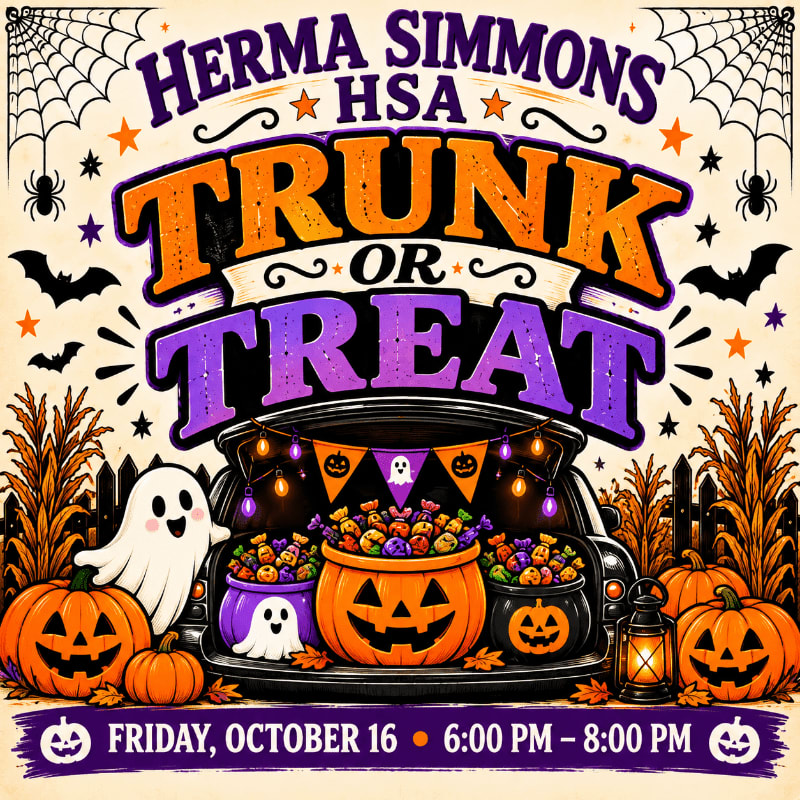 A colorful "Trunk or Treat" event flyer features a car trunk filled with candy pumpkins and a friendly ghost in the foreground, set against a background of spiderwebs, bats, and autumn corn stalks.