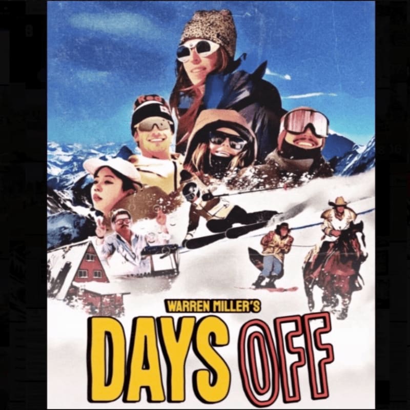 A collage of winter sports enthusiasts and a cowboy on a horse set against a snowy mountain landscape and a blue sky.