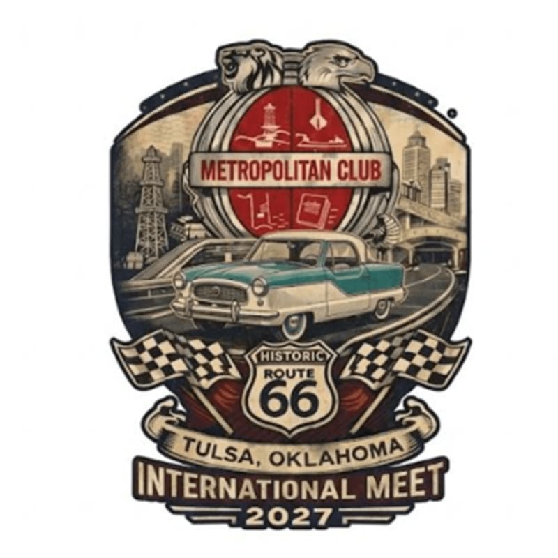 A vintage teal and white car sits in the foreground of a commemorative emblem featuring a city skyline, oil derricks, and a Route 66 sign in the background.